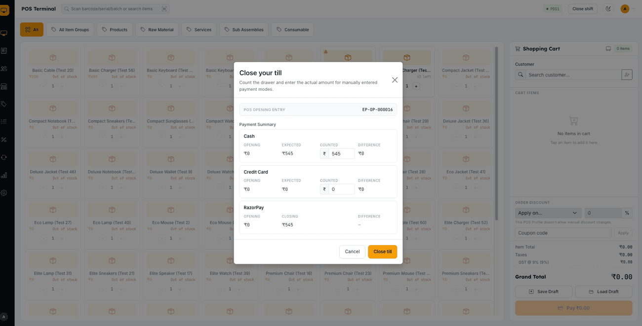 Shift Closing — cash reconciliation