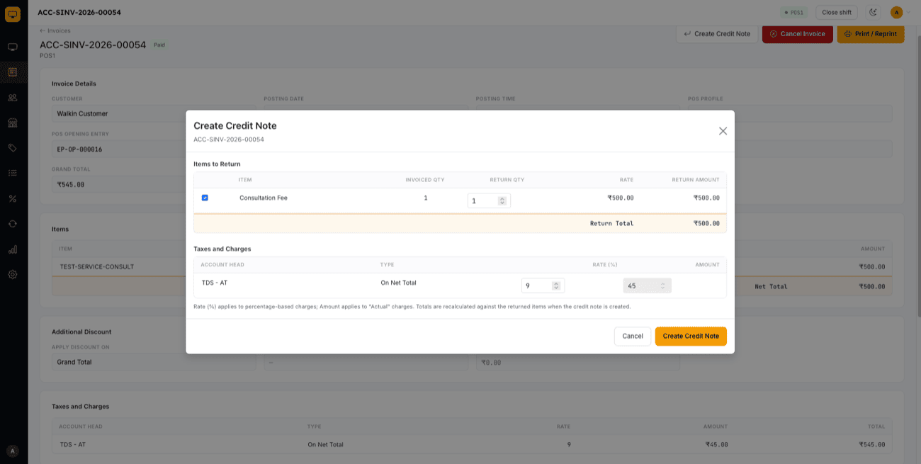 Create Credit Note modal