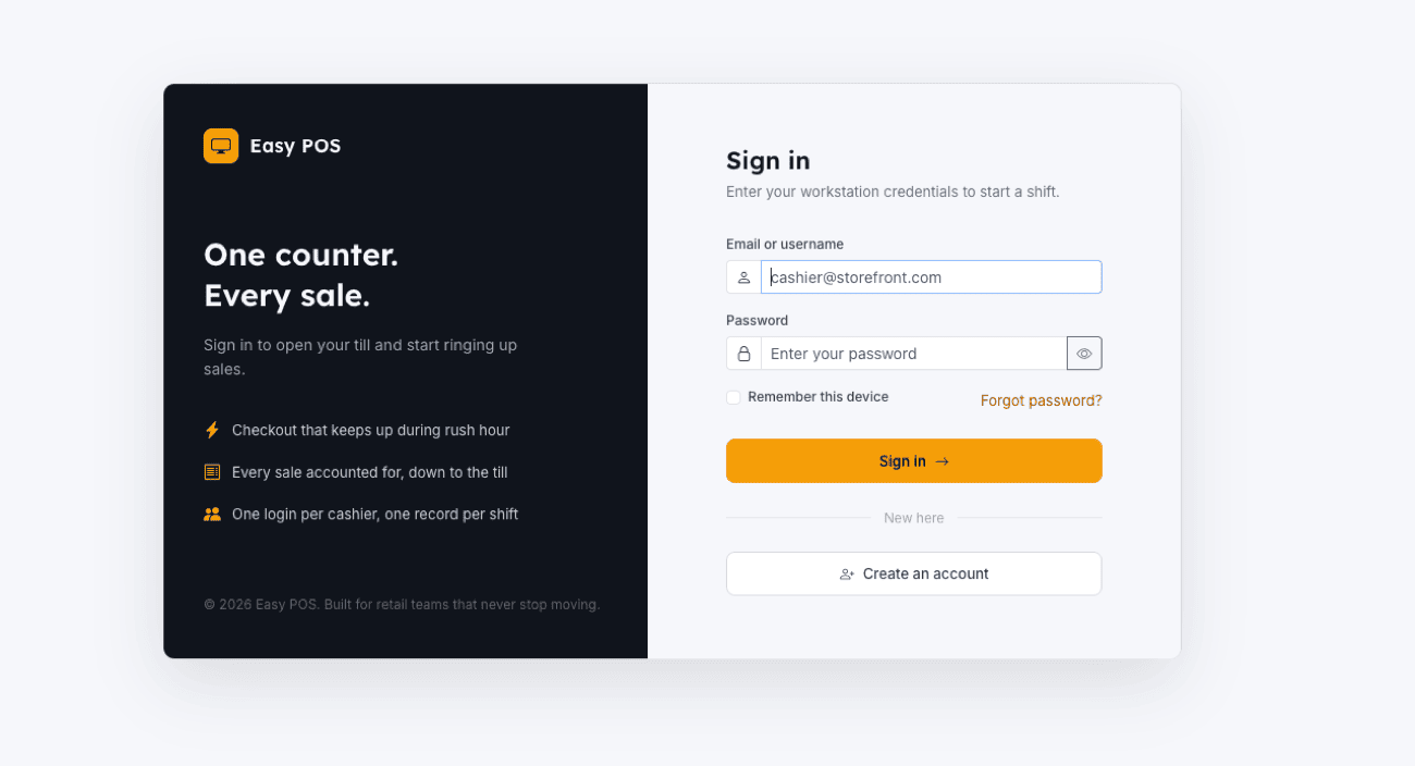 Easy POS sign-in screen