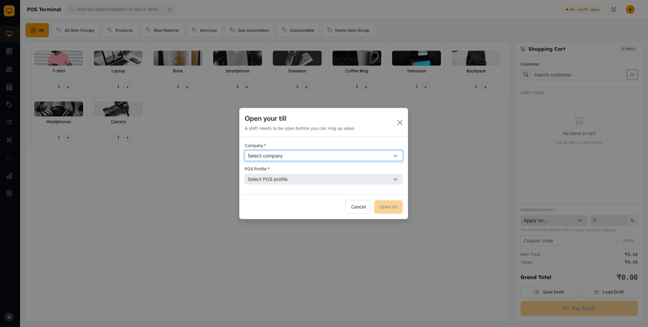 Opening a shift — Company and POS Profile