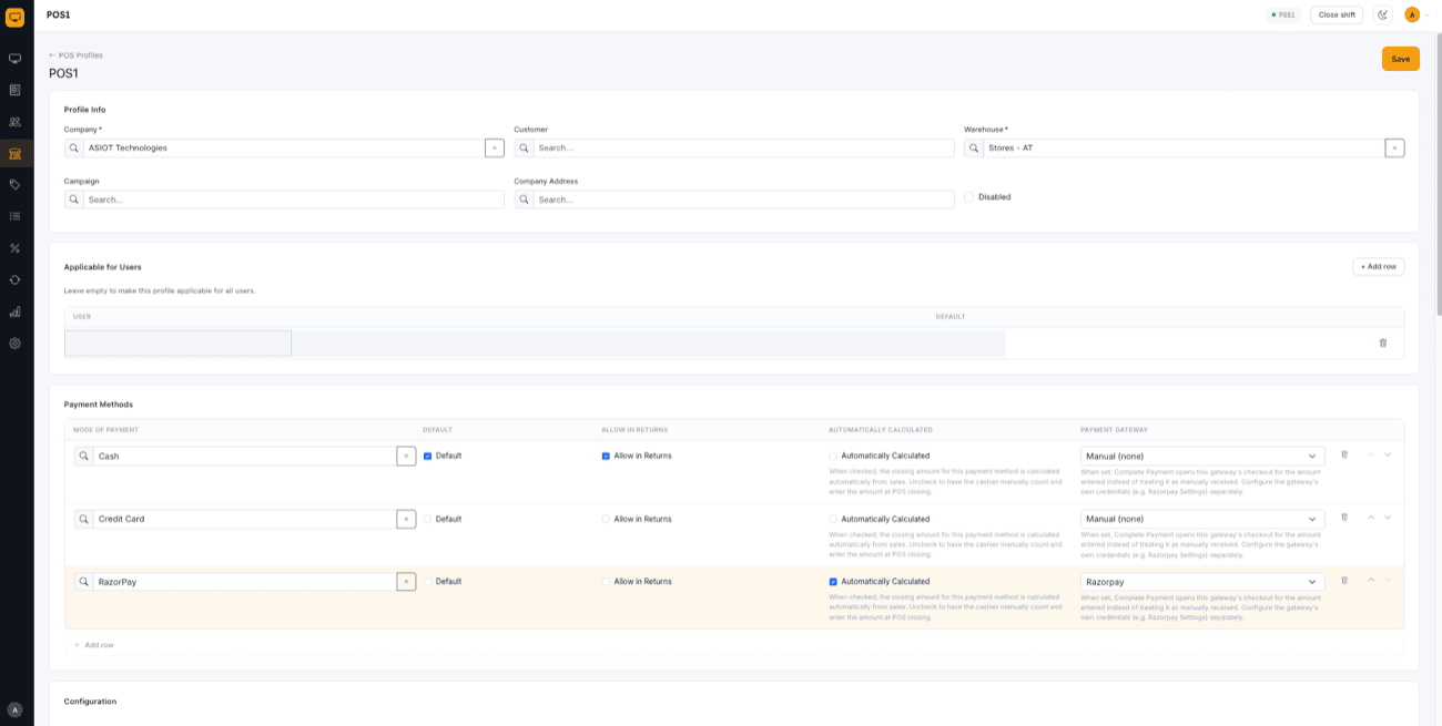 POS Profile editor — Payments table