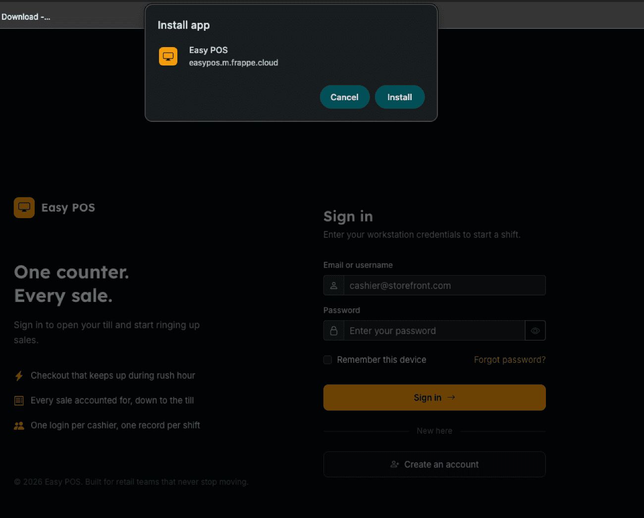 Browser install prompt for Easy POS