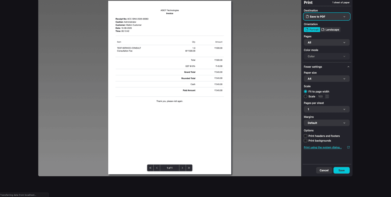 Printed / emailed receipt preview