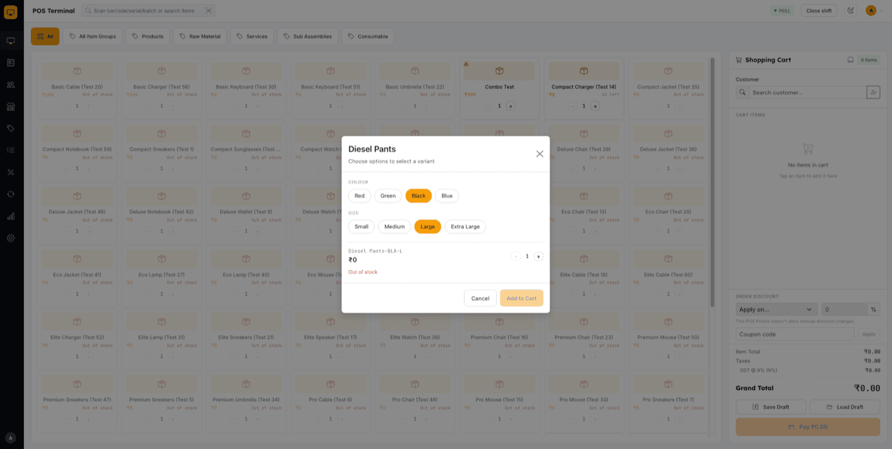 Item variant picker — choose attributes to resolve a variant